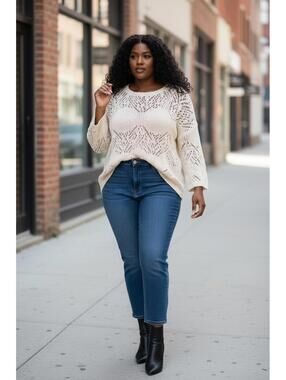 Cream Knit Sweater with Openwork Pattern